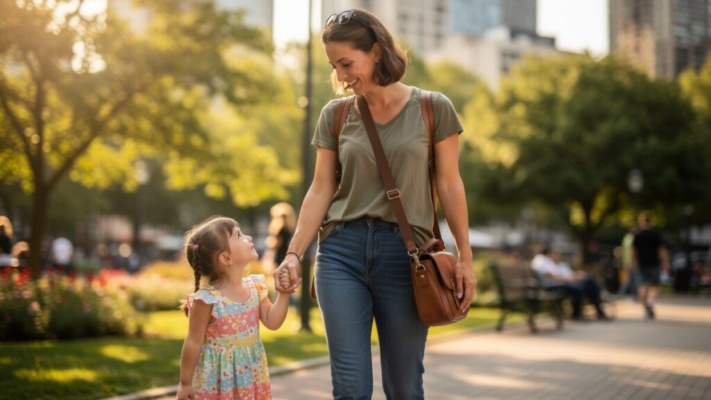 Julia R. walking down the street with her daughter sharing a moment together