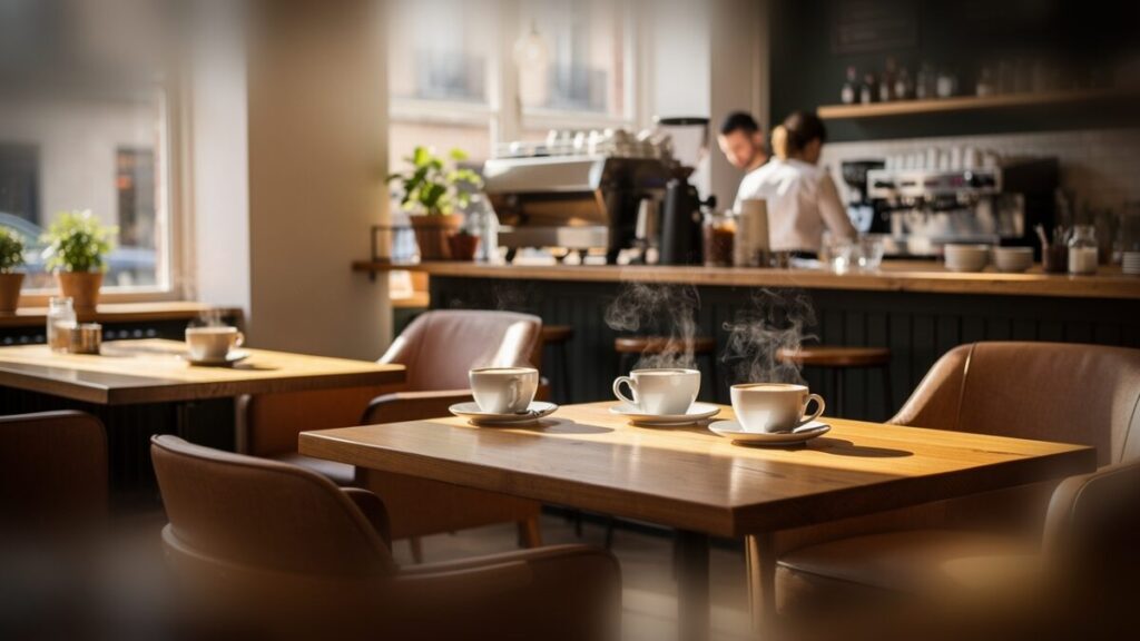 Coffee Haven dining room with modern seating and warm lighting